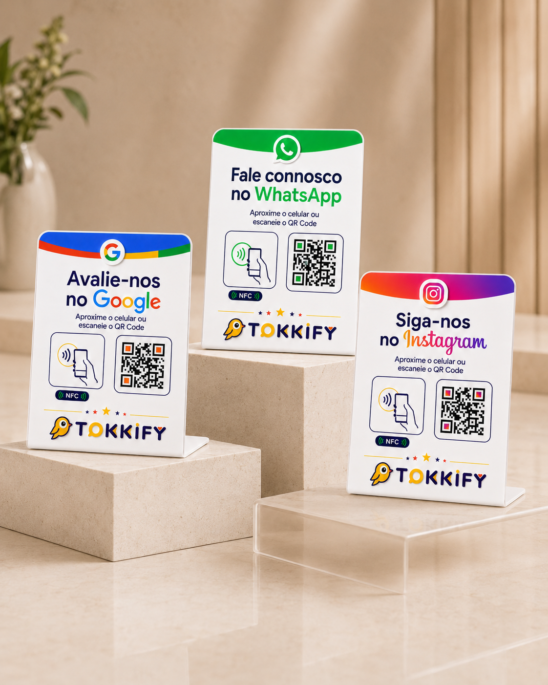 Placas Tokkify no balcão de um negócio
